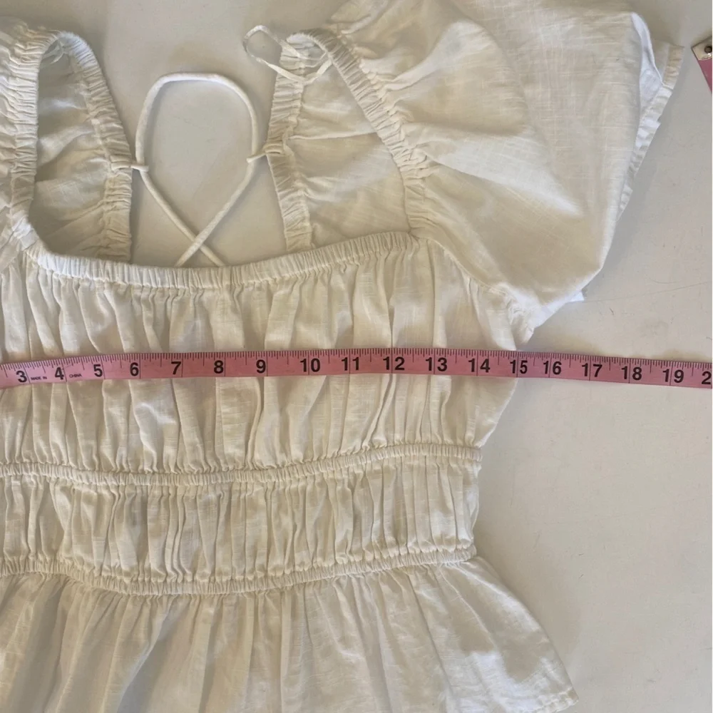 Free People || Phoebe‎ Smocked Puff Sleeve Lace Up Open Back Top White XS